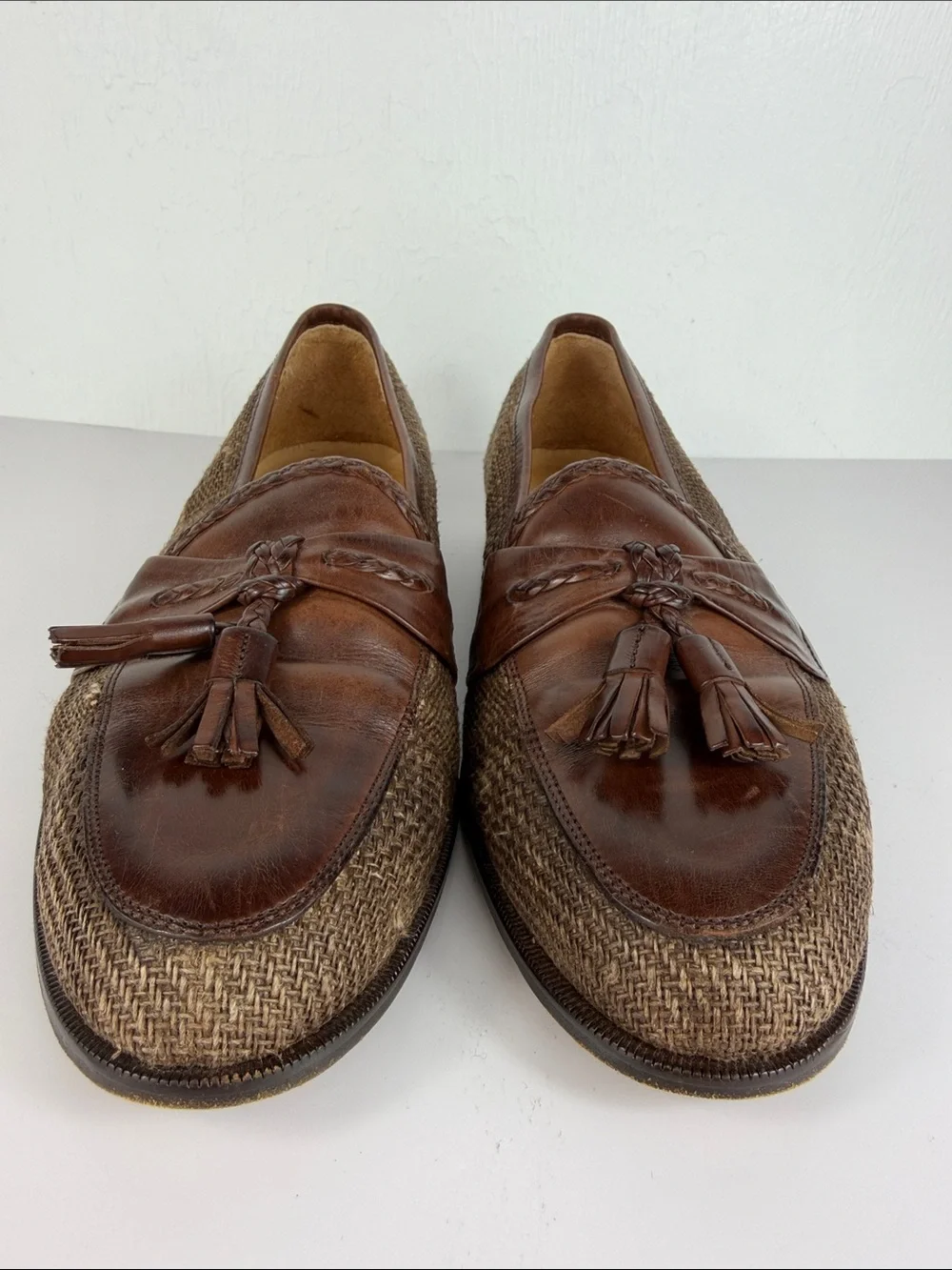Johnston & Murphy Mens Brown Leather Tassel Loafers Italy Woven Size 9 M Shoes